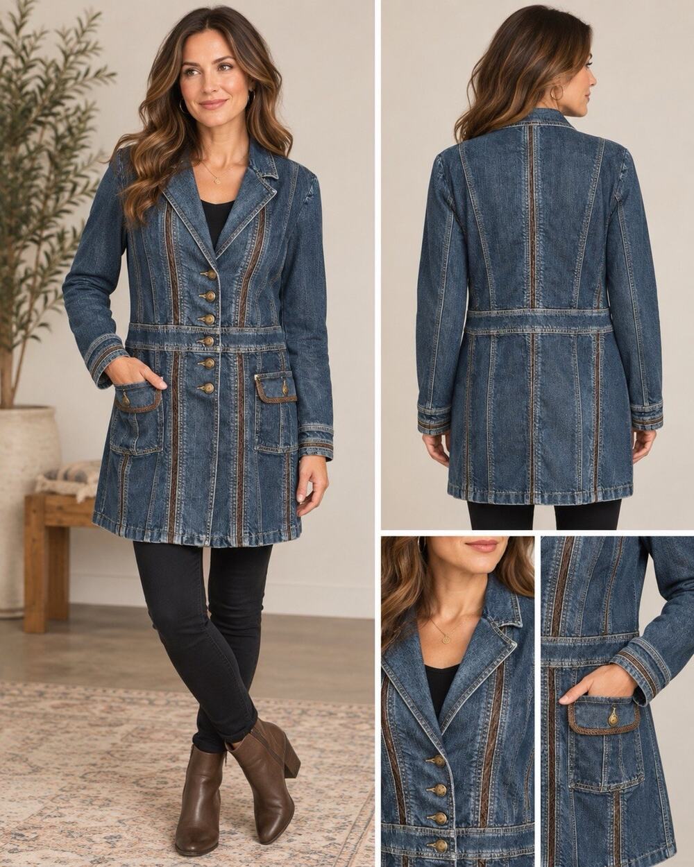 Y2K Motto Denim & Brown Leather Trim Unique Mid Length Duster Jacket Sz L/XL